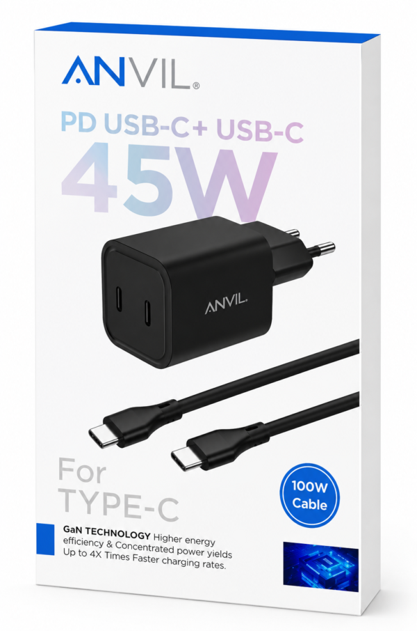 מטען קיר ANVIL 45W PD USB‑C + כבל Type‑C