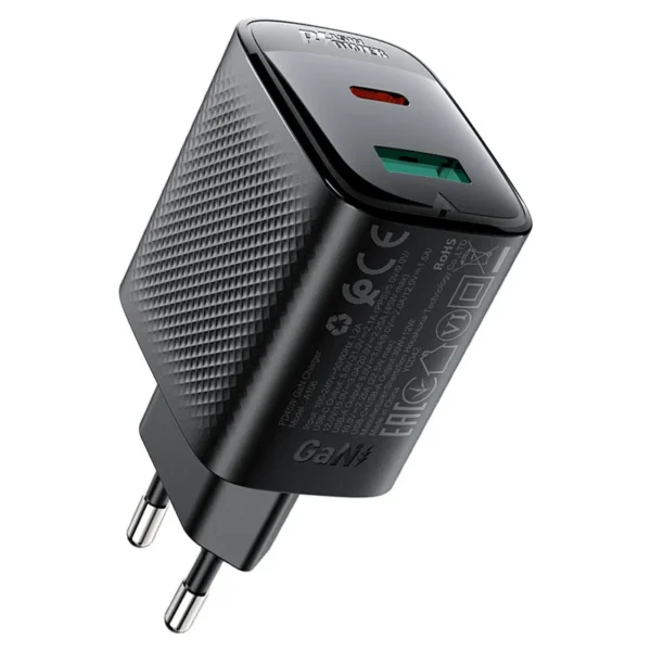 ראש מטען ACEFAST A106 מהיר USB-A + USB-C טעינת PD45W מהירה צבע שחור – יבואן רשמי