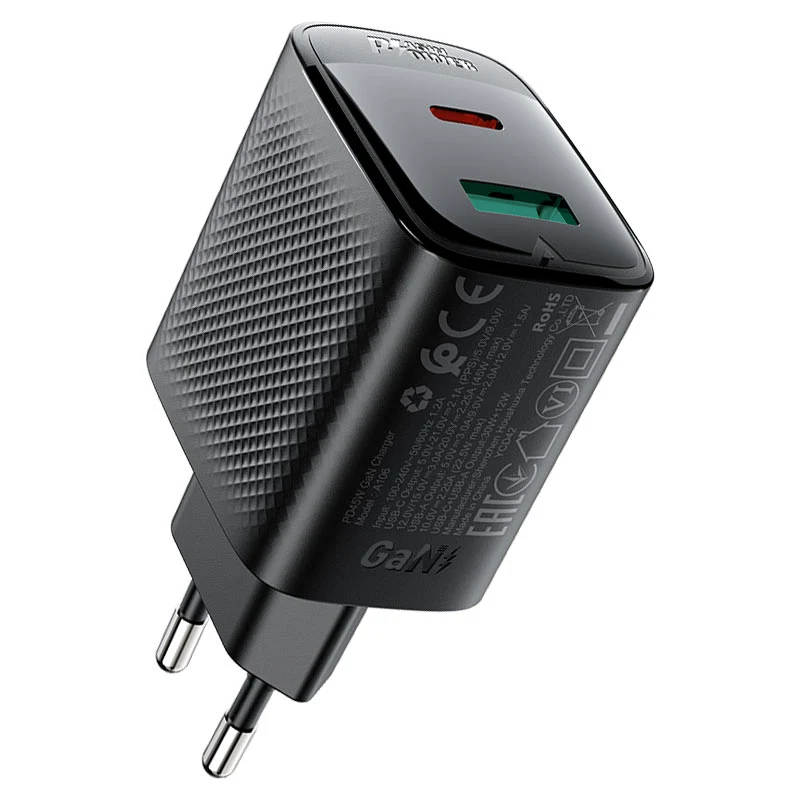 ראש מטען ACEFAST A106 מהיר USB-A + USB-C טעינת PD45W מהירה צבע שחור - יבואן רשמי