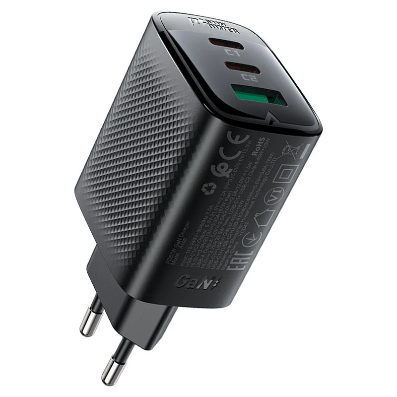 ראש מטען מהיר Acefast A108 PD67W בעל 2 יציאות USB-C ויציאת USB-A טעינה מהירה PD45W צבע שחור - יבואן רשמי