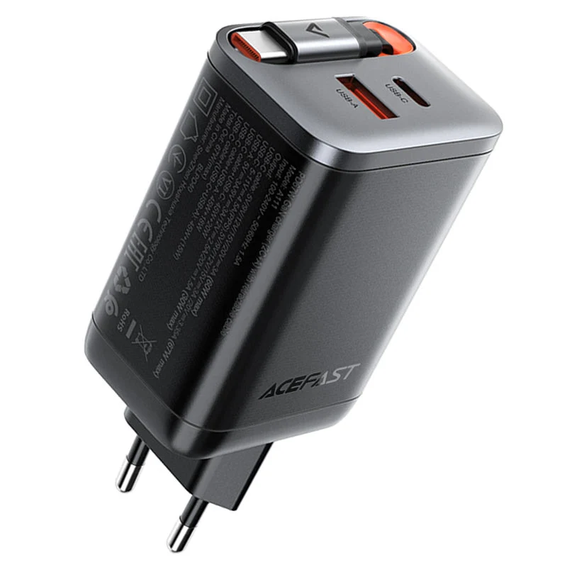 מטען מהיר ACEFAST A111 67W ייחודי הכולל כבל טעינה USB-C נשלף ויציאות טעינה USB-A ו-USB-C - יבואן רשמי