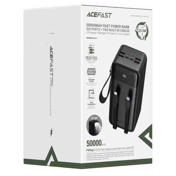 סוללת גיבוי ACEFAST M51 22.5W 50,000mAh עם שישה יציאות פלט ושני כבלים מובנים – יבואן רשמי